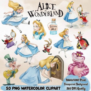 May include: Watercolor clipart featuring characters from Alice in Wonderland. Includes Alice in a blue dress, the White Rabbit, the Mad Hatter, the Cheshire Cat, and the Queen of Hearts. The text "ALICE IN WONDERLAND" is displayed at the top.