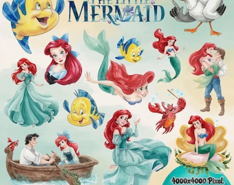 Little Mermaid Watercolor PNG Clipart Bundle, Princess Ariel Clipart, Underwater, Sebastian, Flounder, Triton, Watercolor Mermaid Clipart