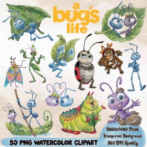 May include: Watercolor clipart featuring various cartoon insects from "A Bug's Life." The image includes a variety of colorful bugs, the title "a bug's life," and text indicating the image is 50 PNG watercolor clip art pieces with a transparent background.