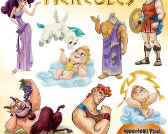 Baby Hercules Clipart PNG Bundle, Watercolor Hand Drawn Illustrations, Digital Download