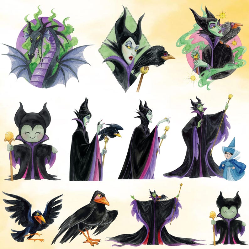 May include: A series of watercolour illustrations depicting Maleficent from Disney's Sleeping Beauty. The images show Maleficent in different poses, with her raven, and as a dragon. The colour scheme includes black, purple, green, and yellow.