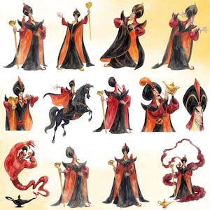 Puede incluir: Una colecci&oacute;n de ilustraciones en acuarela que muestran a un personaje alto y delgado con una t&uacute;nica negra y roja de cuello alto, un turbante negro alto y un bast&oacute;n dorado con cabeza de cobra, junto a un genio rojo y una l&aacute;mpara de aceite dorada.