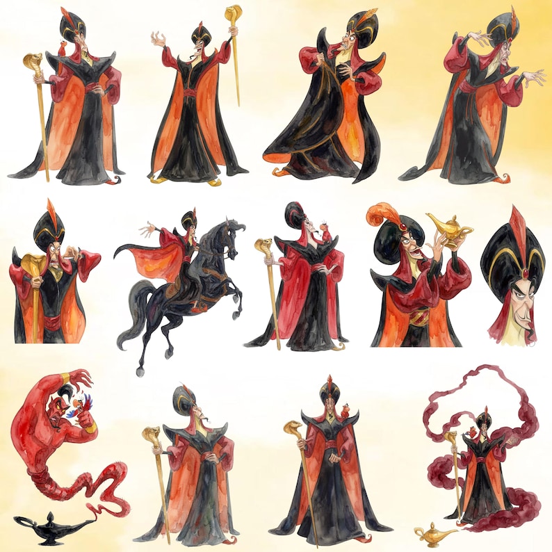 Puede incluir: Una colecci&oacute;n de ilustraciones en acuarela que muestran a un personaje alto y delgado con una t&uacute;nica negra y roja de cuello alto, un turbante negro alto y un bast&oacute;n dorado con cabeza de cobra, junto a un genio rojo y una l&aacute;mpara de aceite dorada.