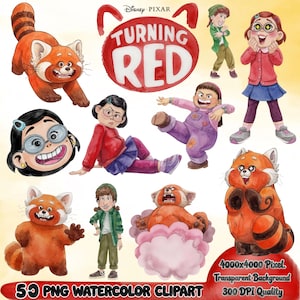 May include: Watercolor clipart featuring characters and imagery from the Disney Pixar movie "Turning Red." The image includes various illustrations of the characters, a red panda, and the movie's logo. The text at the bottom reads "55 PNG Watercolor Clipart."