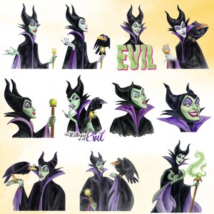 May include: Watercolour illustrations of Maleficent in various poses, wearing a black cloak with a purple collar and a horned headdress. Some images include a raven, a staff, and the word "EVIL". The phrase "The Mistress of all Evil" is also present.