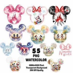 Puede incluir: Una colección de 55 ilustraciones digitales en acuarela con siluetas de Mickey y Minnie Mouse, varias escenas y lazos. El texto dice 55 PNG WATERCOLOR 4000x4000 Pixel. Transparent Background 300 DPI Quality y MOMMY MOUSE.
