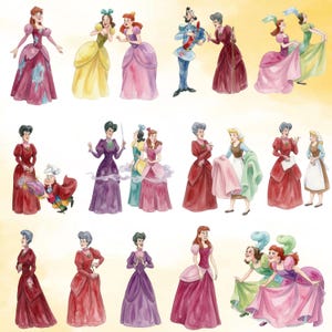 Puede incluir: Una colecci&oacute;n de ilustraciones en acuarela que muestran varios personajes con vestimenta formal, incluyendo vestidos en tonos rosa, amarillo, morado y rojo, junto a una figura con uniforme azul y una peque&ntilde;a figura sosteniendo un coj&iacute;n.