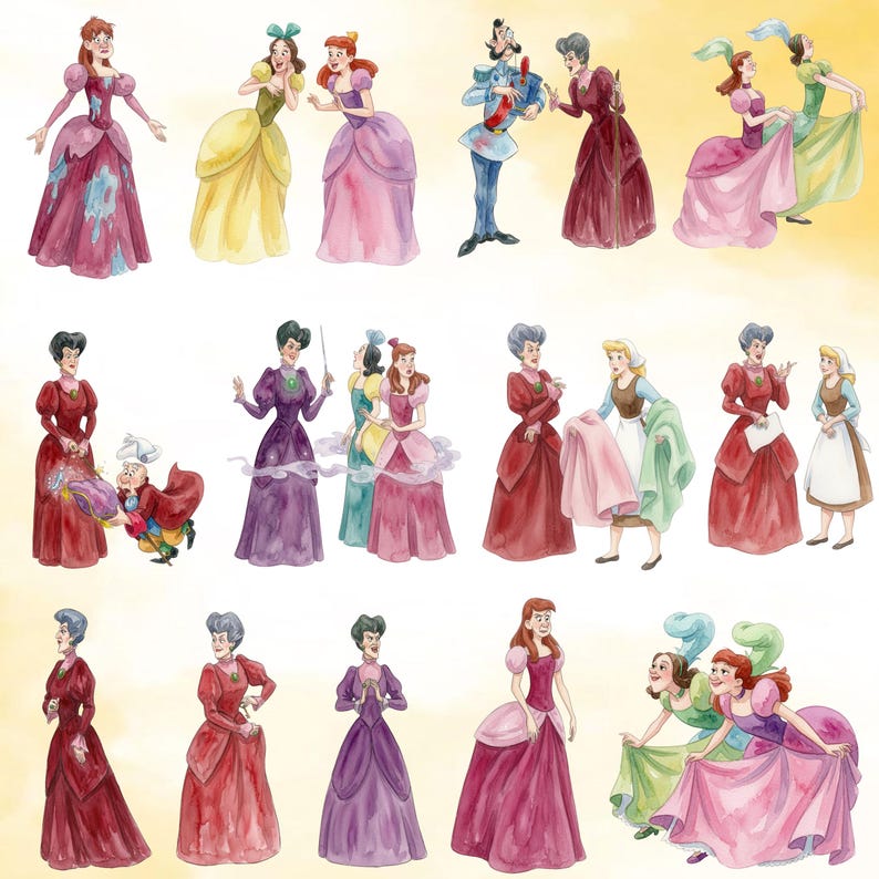Puede incluir: Una colecci&oacute;n de ilustraciones en acuarela que muestran varios personajes con vestimenta formal, incluyendo vestidos en tonos rosa, amarillo, morado y rojo, junto a una figura con uniforme azul y una peque&ntilde;a figura sosteniendo un coj&iacute;n.