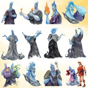 Puede incluir: Una colecci&oacute;n de ilustraciones en acuarela que muestran al personaje Hades con piel azul y cabello en llamas, vistiendo una toga oscura. El personaje aparece en varias poses, expresiones e interacciones con otras figuras sobre un fondo claro.