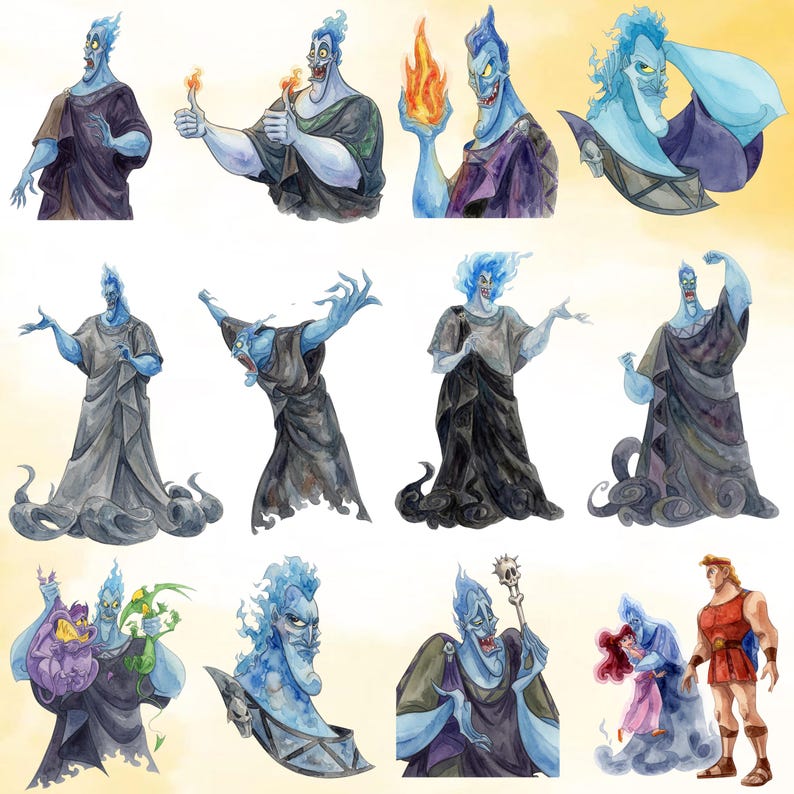Puede incluir: Una colecci&oacute;n de ilustraciones en acuarela que muestran al personaje Hades con piel azul y cabello en llamas, vistiendo una toga oscura. El personaje aparece en varias poses, expresiones e interacciones con otras figuras sobre un fondo claro.