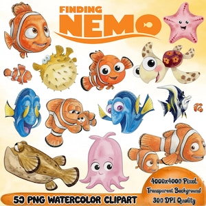 Könnte beinhalten: Aquarell-Clipart mit Charakteren aus dem Film "Findet Nemo." Das Bild zeigt verschiedene Fische, einen Seestern und eine Schildkröte. Der Text "Finding Nemo" steht oben und "55 PNG Watercolor Clipart" unten.