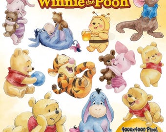 Winnie the Pooh Watercolor Png Clipart | Printable Winnie the Pooh Friends Birthday Baby Shower | Pooh and Friends | Instant Download
