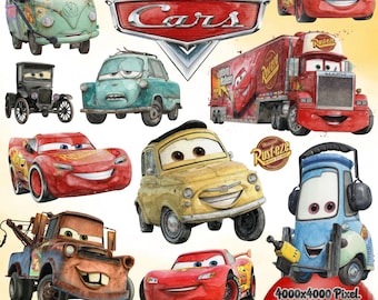 Cars Watercolor PNG Bundle, Lightning Mcqueen Watercolor Png, Cars Clipart, Handdrawn watercolor Mater, Instant Digital Download