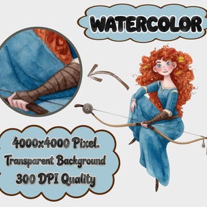 May include: Watercolor illustration of a cartoon character with red curly hair, wearing a blue dress, and holding a bow and arrow. The image includes the text "WATERCOLOR", "4000x4000 Pixel. Transparent Background 300 DPI Quality".