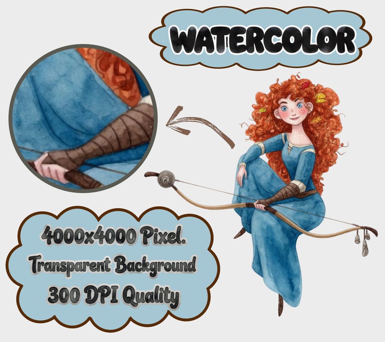 May include: Watercolor illustration of a cartoon character with red curly hair, wearing a blue dress, and holding a bow and arrow. The image includes the text "WATERCOLOR", "4000x4000 Pixel. Transparent Background 300 DPI Quality".