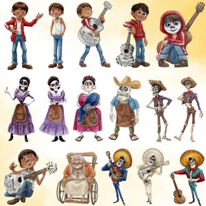May include: Watercolor illustrations of characters from the animated film "Coco." The images feature various characters in different poses, including Miguel with a guitar, and several skeleton figures in traditional attire. The color palette includes reds, blues, and browns.