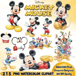 Könnte beinhalten: Eine Sammlung von Disney Mickey Mouse Aquarellillustrationen mit Mickey, Minnie, Donald Duck, Goofy und Pluto in verschiedenen Posen. Enthält einen Cupcake, ein Mickey-Silhouetten-Logo und den Text Disney Mickey Mouse 215 PNG watercolor clipart.