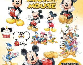 Mickey and Friends Watercolor Clipart Bundle PNG, Mickey and Friends Clipart, Baby Mickey Minnie Birthday Party Clipart, Cute Characters
