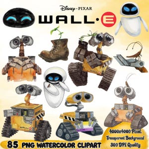 May include: A collection of watercolour illustrations featuring the characters Wall-E and Eve from Disney Pixar. The set includes various poses of the yellow robot Wall-E, the white robot Eve, a brown boot with a plant, and a cockroach on a metal piece.