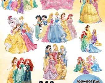 Princess Watercolor Png Bundle, Princess Watercolor Clipart, Digital Elsa, Anna, Aurora, Mermaid, Jasmine, Tiana, Belle, Diana Luna Rapunzel