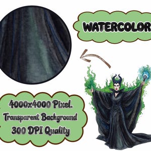 May include: A watercolour illustration of a character in a black gown with a horned headdress, surrounded by green flames and holding a staff with blue light. The image includes text that says "WATERCOLOR", "4000x4000 Pixel. Transparent Background 300 DPI Quality".