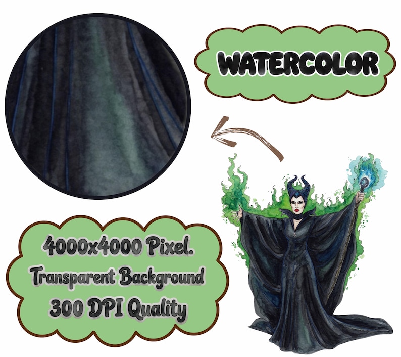 May include: A watercolour illustration of a character in a black gown with a horned headdress, surrounded by green flames and holding a staff with blue light. The image includes text that says "WATERCOLOR", "4000x4000 Pixel. Transparent Background 300 DPI Quality".