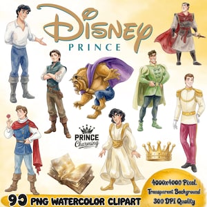 May include: A collection of watercolor illustrations featuring various Disney princes, including the Beast, a golden crown, and an open book. The text reads Disney Prince, Prince Charming, 4000x4000 Pixel, Transparent Background, and 300 DPI Quality.
