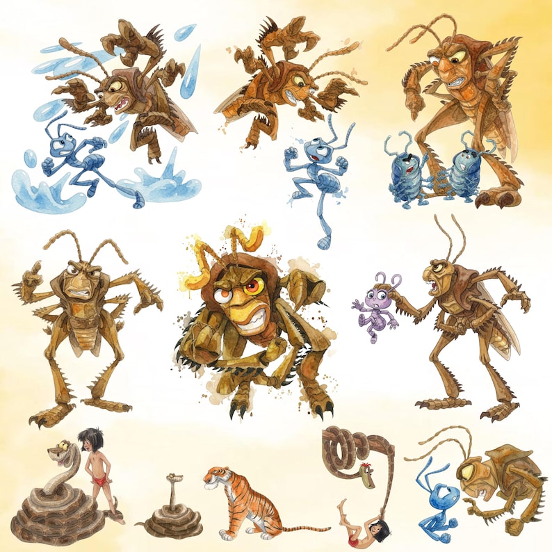 Puede incluir: Una colecci&oacute;n de ilustraciones en acuarela con varios personajes animados, incluyendo saltamontes marrones, hormigas azules, un tigre, una serpiente y un ni&ntilde;o, representados en poses din&aacute;micas sobre un fondo amarillo claro.