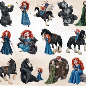 May include: Watercolor illustrations of a red-haired princess with a bow and arrow, a sword, and riding a black horse. Other images include a bear wearing a crown, and a princess with bears. The princess is wearing a blue dress.