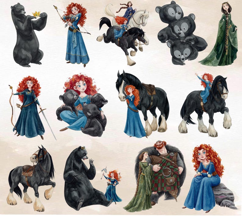 May include: Watercolor illustrations of a red-haired princess with a bow and arrow, a sword, and riding a black horse. Other images include a bear wearing a crown, and a princess with bears. The princess is wearing a blue dress.