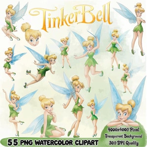 Puede incluir: Clipart de acuarela con múltiples imágenes de Campanilla en varias poses. Las imágenes muestran a Campanilla con cabello rubio, vestidos verdes y alas azules. El texto "Tinker Bell" está en escritura dorada. La parte inferior de la imagen tiene el texto "55 PNG WATERCOLOR CLIPART".