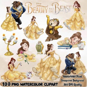 Op de afbeelding: Waterverf clipart met personages uit Disney's Belle en het Beest. De afbeelding toont Belle in een gele jurk, het Beest, Pendule, Lumière en andere personages. Tekst luidt "Belle en het Beest" en "15 PNG Watercolor Clipart".
