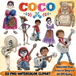 May include: Watercolor clipart featuring characters from the animated movie "Coco." The image includes various characters, such as skeletons playing guitars, a grandmother in a wheelchair, and the word "COCO" in colorful letters. The image also includes the text "55 PNG WATERCOLOR CLIPART."