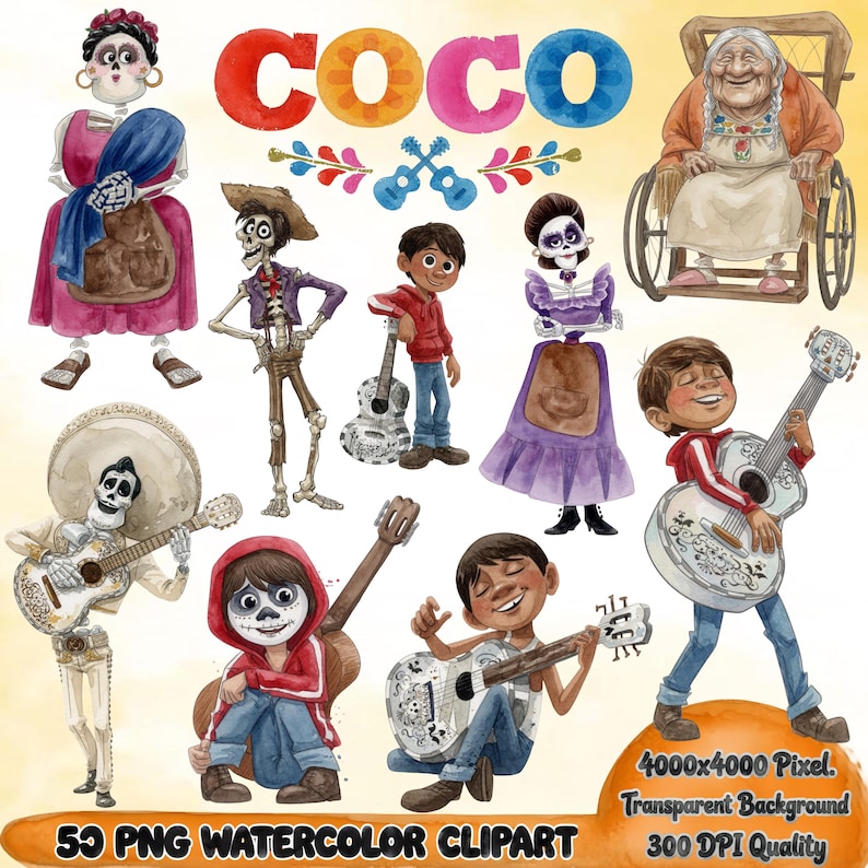 May include: Watercolor clipart featuring characters from the animated movie "Coco." The image includes various characters, such as skeletons playing guitars, a grandmother in a wheelchair, and the word "COCO" in colorful letters. The image also includes the text "55 PNG WATERCOLOR CLIPART."