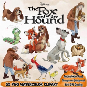 Puede incluir: Clipart de acuarela con personajes de "Tod y Toby" de Disney. La imagen incluye varios animales, como un zorro, perros, un búho y una oruga. El texto "The Fox and the Hound" se muestra en la parte superior.
