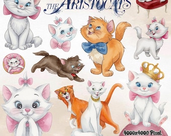 Aristocats Marie png Bundle, Aristocrats Watercolor, Aristocats Png, Aristocats Clipart, Marie Watercolor, Cute Watercolor Bundle