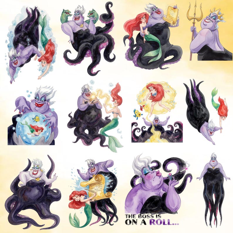 Puede incluir: Una colecci&oacute;n de ilustraciones estilo acuarela que muestran a la bruja del mar de piel morada con tent&aacute;culos negros y a la sirena pelirroja. Las im&aacute;genes representan varias interacciones, incluyendo un tridente, un pergamino y una bola de cristal. Texto: THE BOSS IS ON A ROLL...