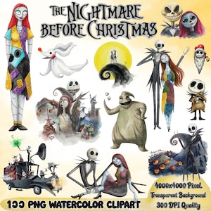 May include: A collection of watercolour clipart images featuring characters from "The Nightmare Before Christmas." Includes Jack Skellington, Sally, and Zero. The title "THE NIGHTMARE BEFORE CHRISTMAS" is at the top. The bottom text reads "133 PNG WATERCOLOR CLIPART".