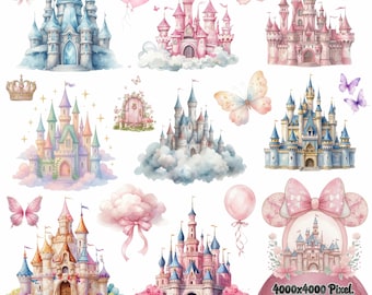 Watercolor Castle PNG Clipart Bundle | Disney Castle Png, Fantasy Fairytale Castles for Sublimation & Crafts