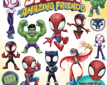 Spidey and Friends Watercolor PNG Clipart Bundle, Superhero PNG (Digital Download)