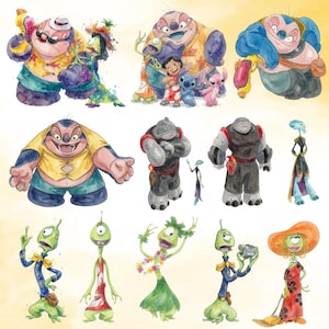 Puede incluir: Una colecci&oacute;n de ilustraciones en acuarela que presentan varios personajes de Lilo y Stitch, incluyendo a Jumba, Pleakley, Lilo y Stitch en diferentes atuendos y poses, representados en un estilo art&iacute;stico suave con colores vibrantes sobre un fondo blanco.