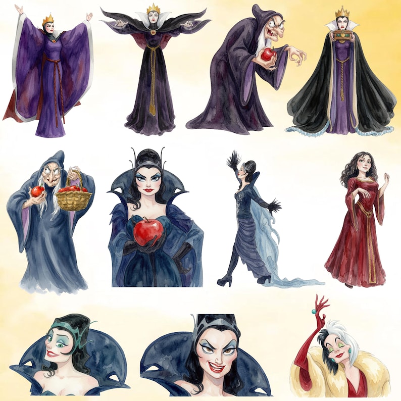 Puede incluir: Una colecci&oacute;n de ilustraciones en acuarela que presentan varios personajes femeninos con atuendos elaborados, incluyendo vestidos largos morados y negros, capas, coronas y un vestido rojo. Las figuras se representan en diversas poses, algunas sosteniendo manzanas.