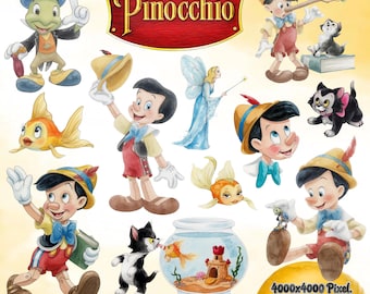 Pinocchio PNG Watercolor Clipart Bundle, Pinocchio PNG Cartoon Sublimation Cliparts, Pinocchio Themed Kids Sublimation Images PNG