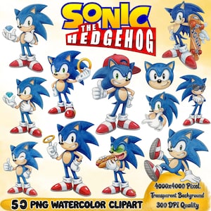 May include: A collection of 13 watercolor clip art images of Sonic the Hedgehog in various poses. The images include Sonic holding a diamond, a gold ring, and a hot dog. The text "SONIC THE HEDGEHOG" is displayed in yellow and red. The bottom of the image reads "53 PNG WATERCOLOR CLIPART".