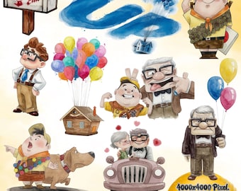 UP Cliparts Bundle, UP Poster, Up Birthday, Watercolour UP Clipart png, Carl, Ellie, Dug, Kevin, Russell, Balloon House, Commercial Use