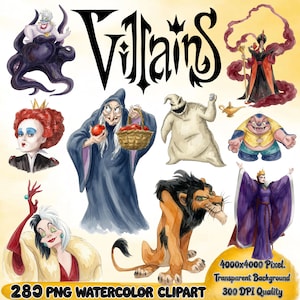 Puede incluir: Una colecci&oacute;n digital de ilustraciones en acuarela que presenta varios personajes animados, incluyendo una bruja marina, un hechicero, una reina, una figura encapuchada con manzanas, una criatura de saco, un peque&ntilde;o alien&iacute;gena, una mujer de cabello manchado, un le&oacute;n y una reina de morado. El texto dice Villains, 4000x4000 Pixel, Transparent Background, 280 PNG Watercolor Clipart, 300 DPI Quality.