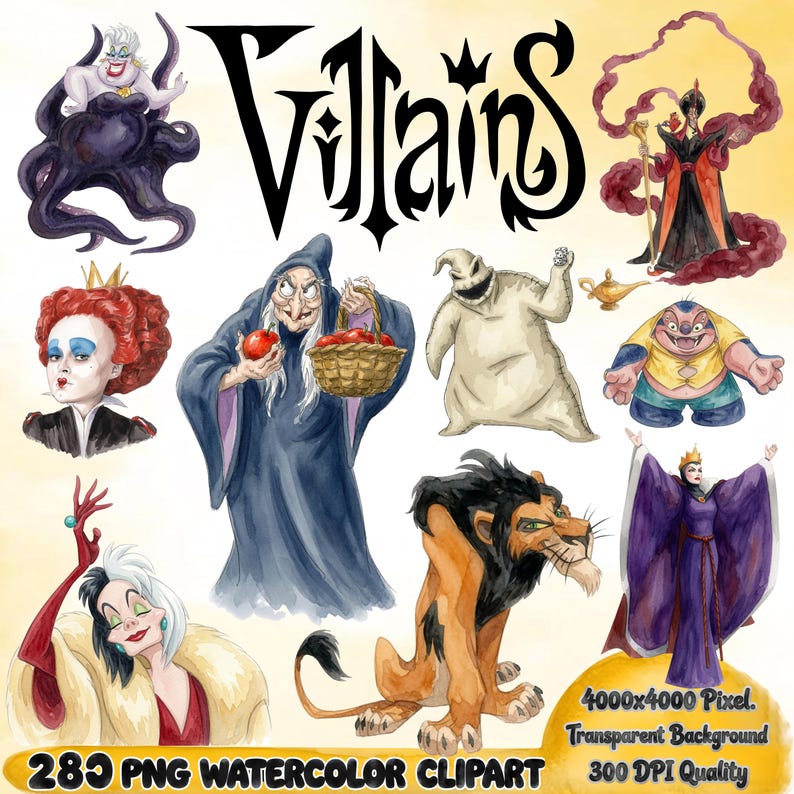 Puede incluir: Una colecci&oacute;n digital de ilustraciones en acuarela que presenta varios personajes animados, incluyendo una bruja marina, un hechicero, una reina, una figura encapuchada con manzanas, una criatura de saco, un peque&ntilde;o alien&iacute;gena, una mujer de cabello manchado, un le&oacute;n y una reina de morado. El texto dice Villains, 4000x4000 Pixel, Transparent Background, 280 PNG Watercolor Clipart, 300 DPI Quality.