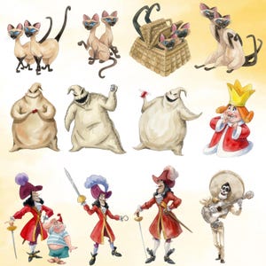 Puede incluir: Una colecci&oacute;n de ilustraciones en acuarela que muestran gatos siameses, una cesta tejida, un personaje de saco de arpillera, un rey con corona, un capit&aacute;n pirata con espada y garfio, un peque&ntilde;o compa&ntilde;ero y un m&uacute;sico esqueleto con guitarra.
