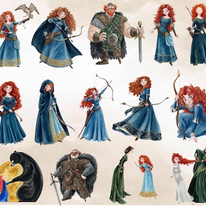 May include: Watercolor illustrations of a red-haired woman in various poses, dressed in blue gowns and holding a bow and arrow. Other figures include a man with a sword, a bear, and a woman with a falcon. The art style is reminiscent of a fairy tale.