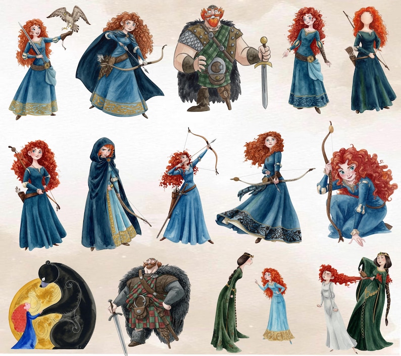May include: Watercolor illustrations of a red-haired woman in various poses, dressed in blue gowns and holding a bow and arrow. Other figures include a man with a sword, a bear, and a woman with a falcon. The art style is reminiscent of a fairy tale.